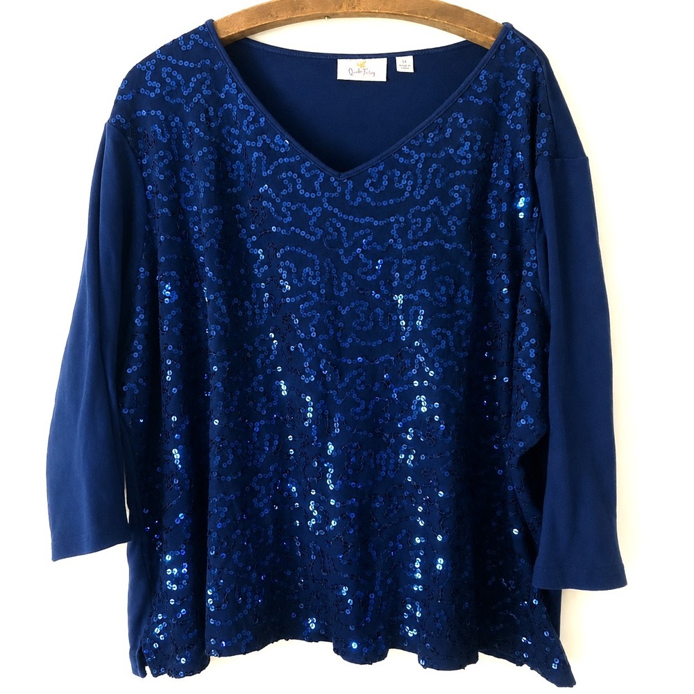 Quacker Factory Top Size 3X Cotton Royal Blue Vneck Sequin Front Mature Glam